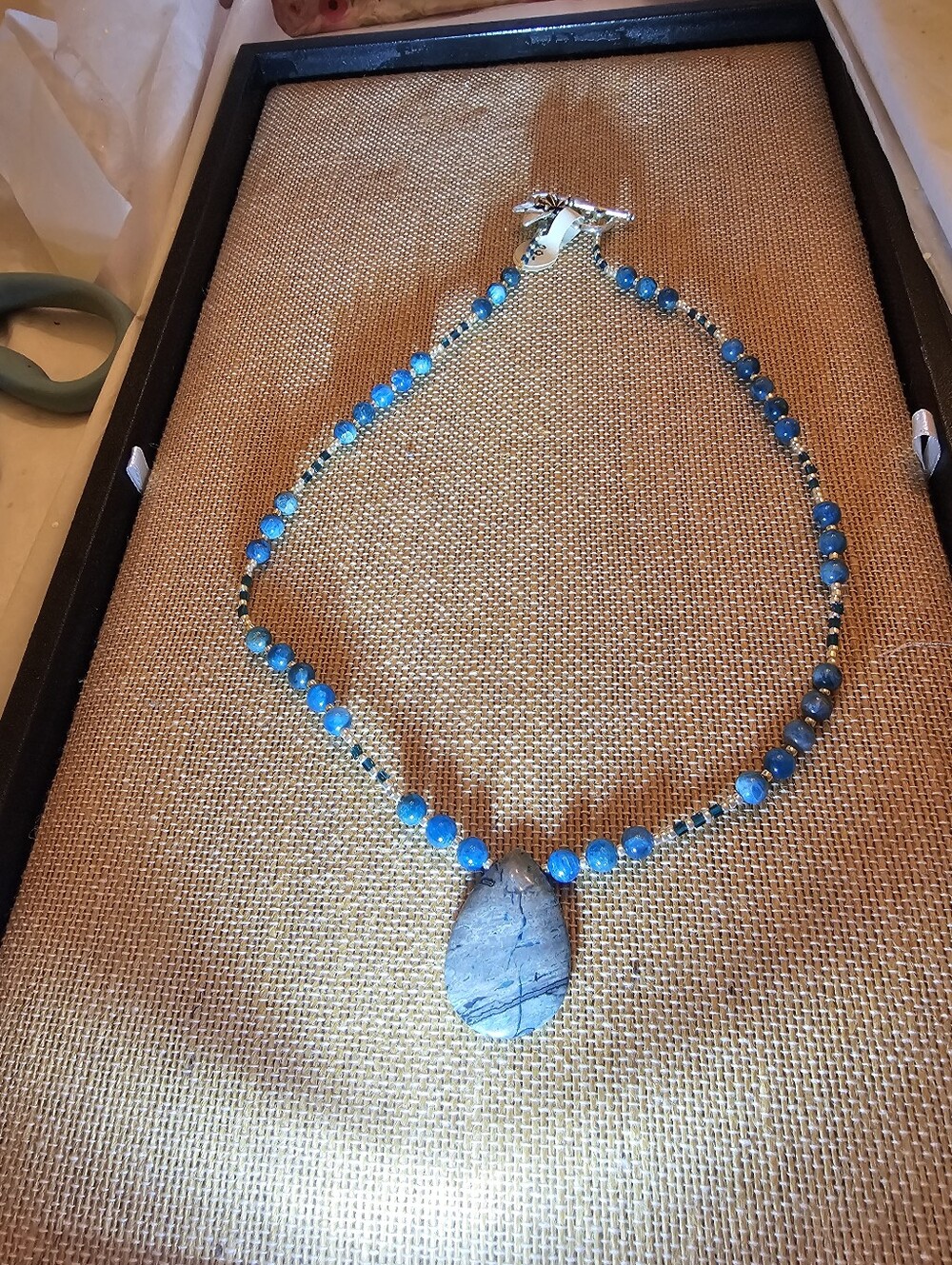 Blue Beaded Necklace with Natural Stone Pendant - Women's Jewelry